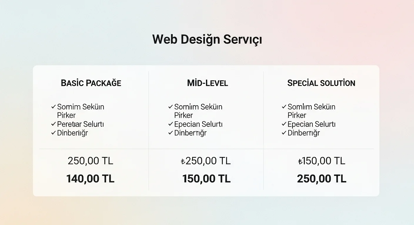 Screen containing price tables of different web design packages offered in Kayseri.