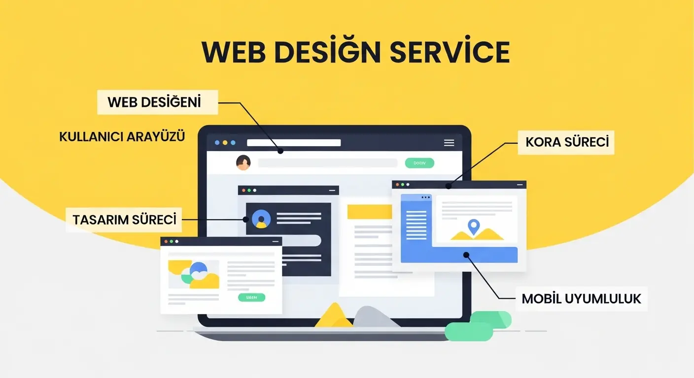 Conceptual visual explaining what web design service is, shown with user interface and features.