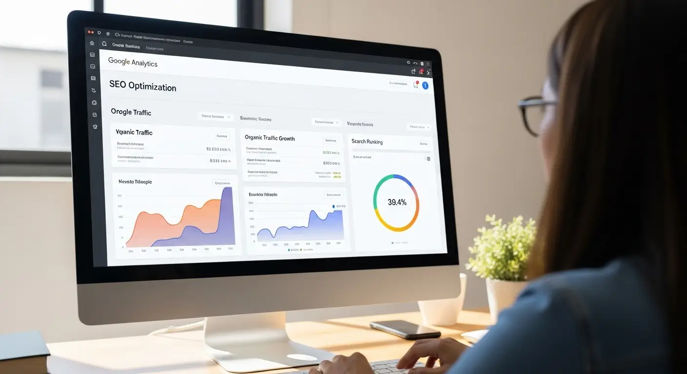 SEO optimizasyon dashboard ekranı, arama motoru sıralaması ve trafik analizi.
